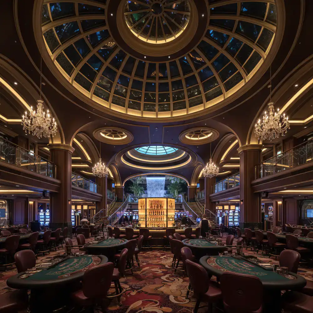 Informational overview of a well-lit luxury casino gaming floor and architecture
