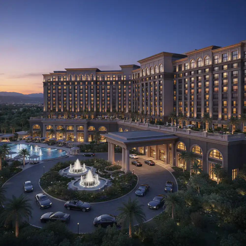 Luxury casino hotel resort exterior at dusk